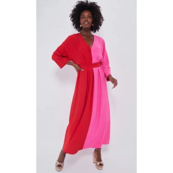 Tuckernuck x India Hicks Red Pink Colorblock Maxi Dress Belted Kaftan M NWT - Picture 1 of 12